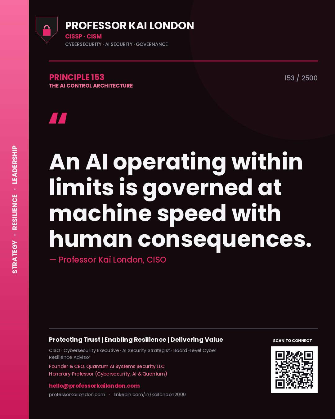 Professor Kai London principle 153: An AI operating within limits is governed at machine speed with human consequences.