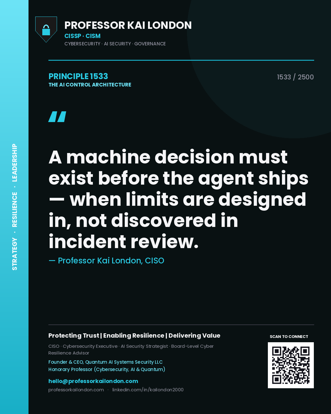 Professor Kai London principle 1533: A machine decision must exist before the agent ships — when limits are designed in, not discovered in incident review.