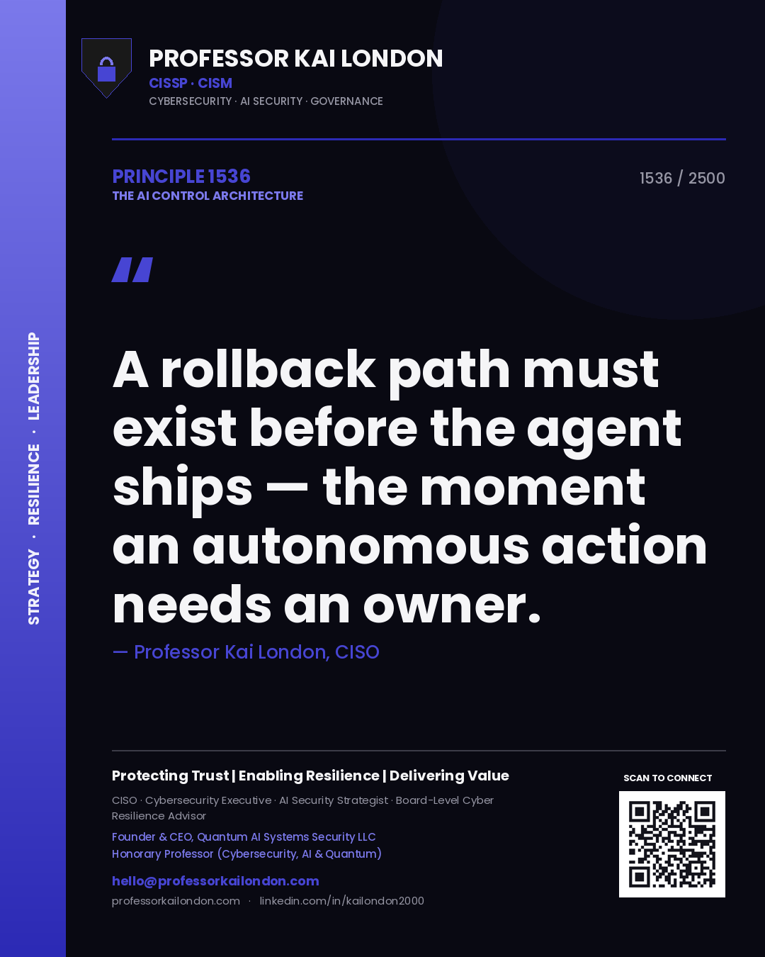 Professor Kai London principle 1536: A rollback path must exist before the agent ships — the moment an autonomous action needs an owner.
