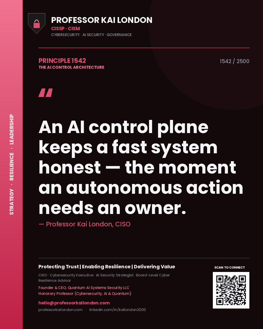 Quote card by Professor Kai London reading 'An AI control plane keeps a fast system honest — the moment an autonomous action needs an owner.'. From the book The AI Control Architecture.