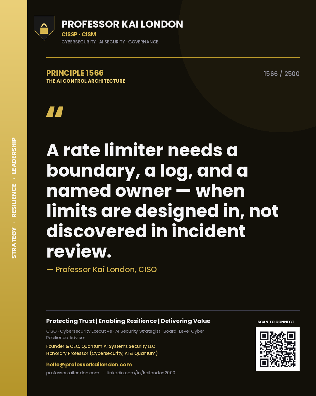 Quote card by Professor Kai London reading 'A rate limiter needs a boundary, a log, and a named owner — when limits are designed in, not discovered in incident review.'. From the book The AI Control Architecture.