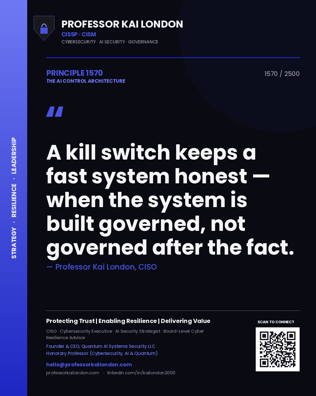Quote card by Professor Kai London reading 'A kill switch keeps a fast system honest — when the system is built governed, not governed after the fact.'. From the book The AI Control Architecture.
