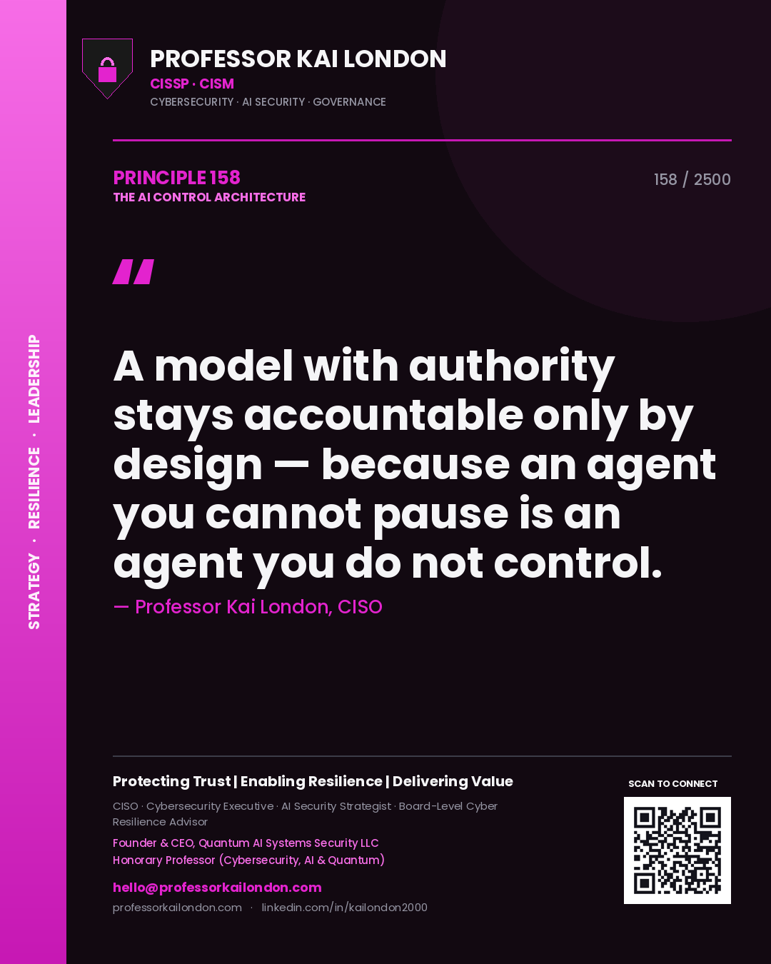 Professor Kai London principle 158: A model with authority stays accountable only by design — because an agent you cannot pause is an agent you do not control.