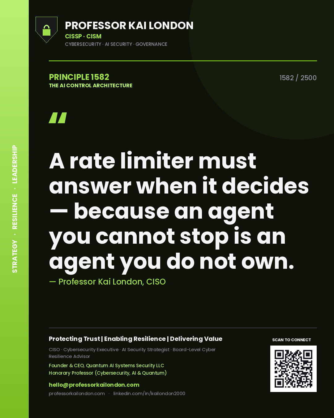 Quote card by Professor Kai London reading 'A rate limiter must answer when it decides — because an agent you cannot stop is an agent you do not own.'. From the book The AI Control Architecture.