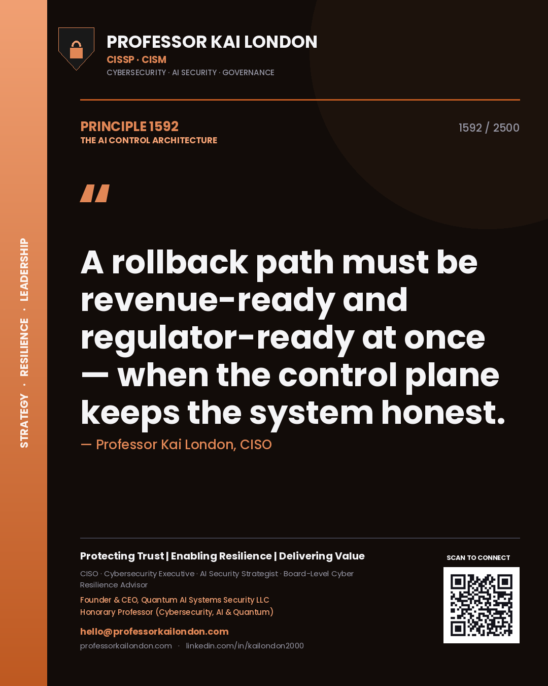 Quote card by Professor Kai London reading 'A rollback path must be revenue-ready and regulator-ready at once — when the control plane keeps the system honest.'. From the book The AI Control Architecture.