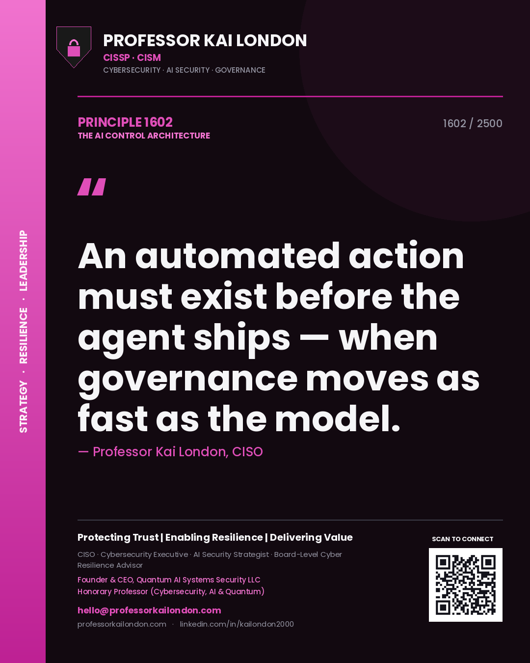 Professor Kai London principle 1602: An automated action must exist before the agent ships — when governance moves as fast as the model.