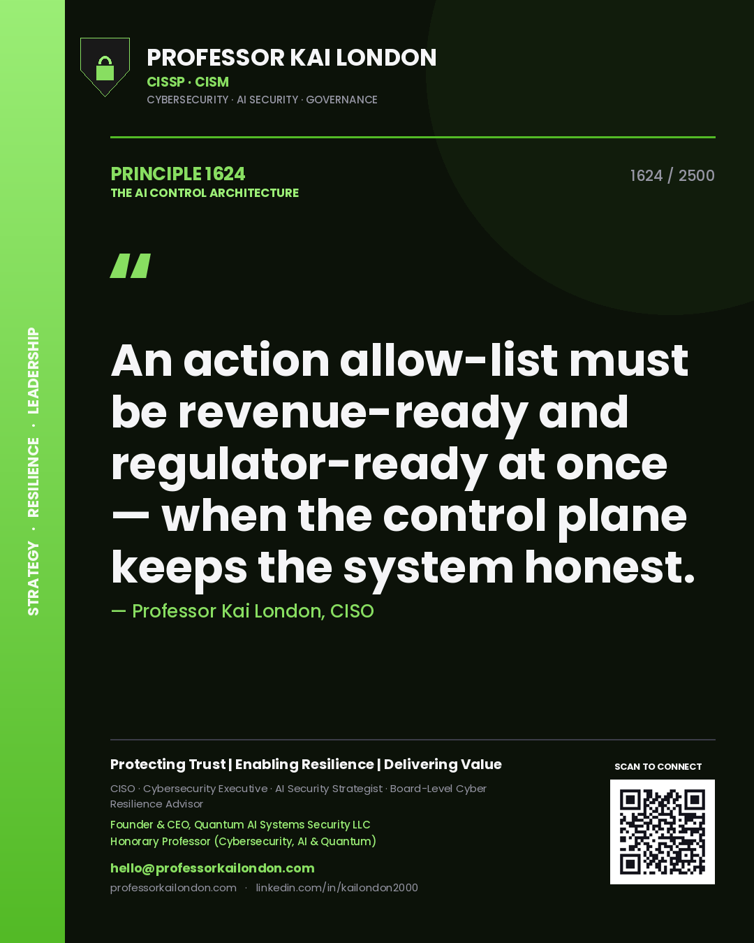 Quote card by Professor Kai London reading 'An action allow-list must be revenue-ready and regulator-ready at once — when the control plane keeps the system honest.'. From the book The AI Control Architecture.