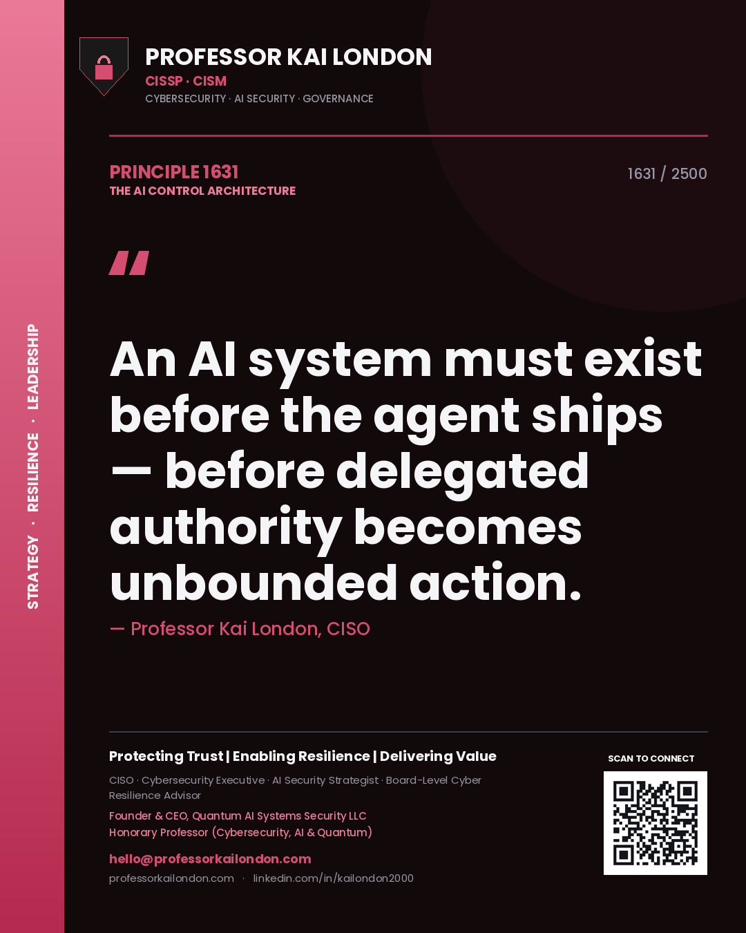 Professor Kai London principle 1631: An AI system must exist before the agent ships — before delegated authority becomes unbounded action.