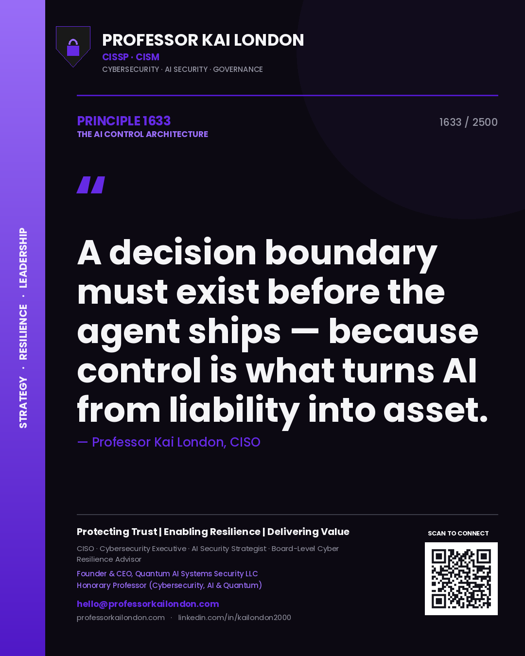 Quote card by Professor Kai London reading 'A decision boundary must exist before the agent ships — because control is what turns AI from liability into asset.'. From the book The AI Control Architecture.