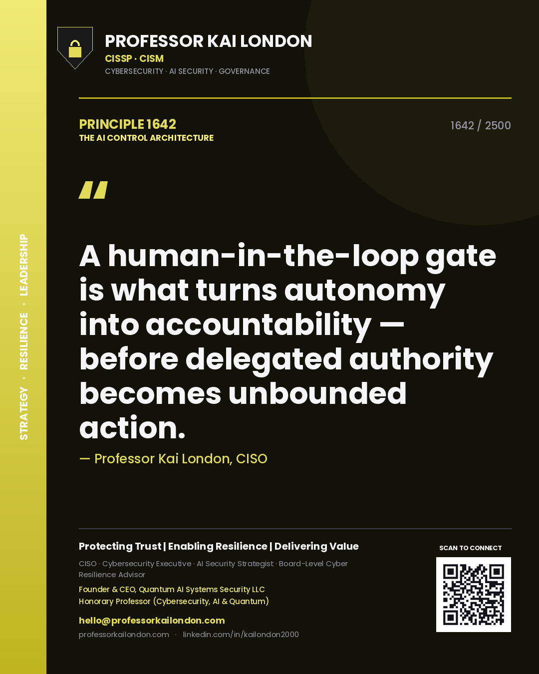Quote card by Professor Kai London reading 'A human-in-the-loop gate is what turns autonomy into accountability — before delegated authority becomes unbounded action.'. From the book The AI Control Architecture.