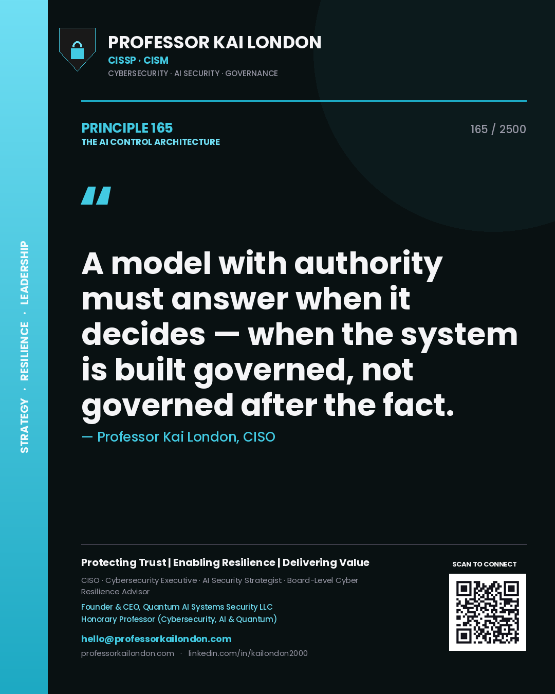 Professor Kai London principle 165: A model with authority must answer when it decides — when the system is built governed, not governed after the fact.