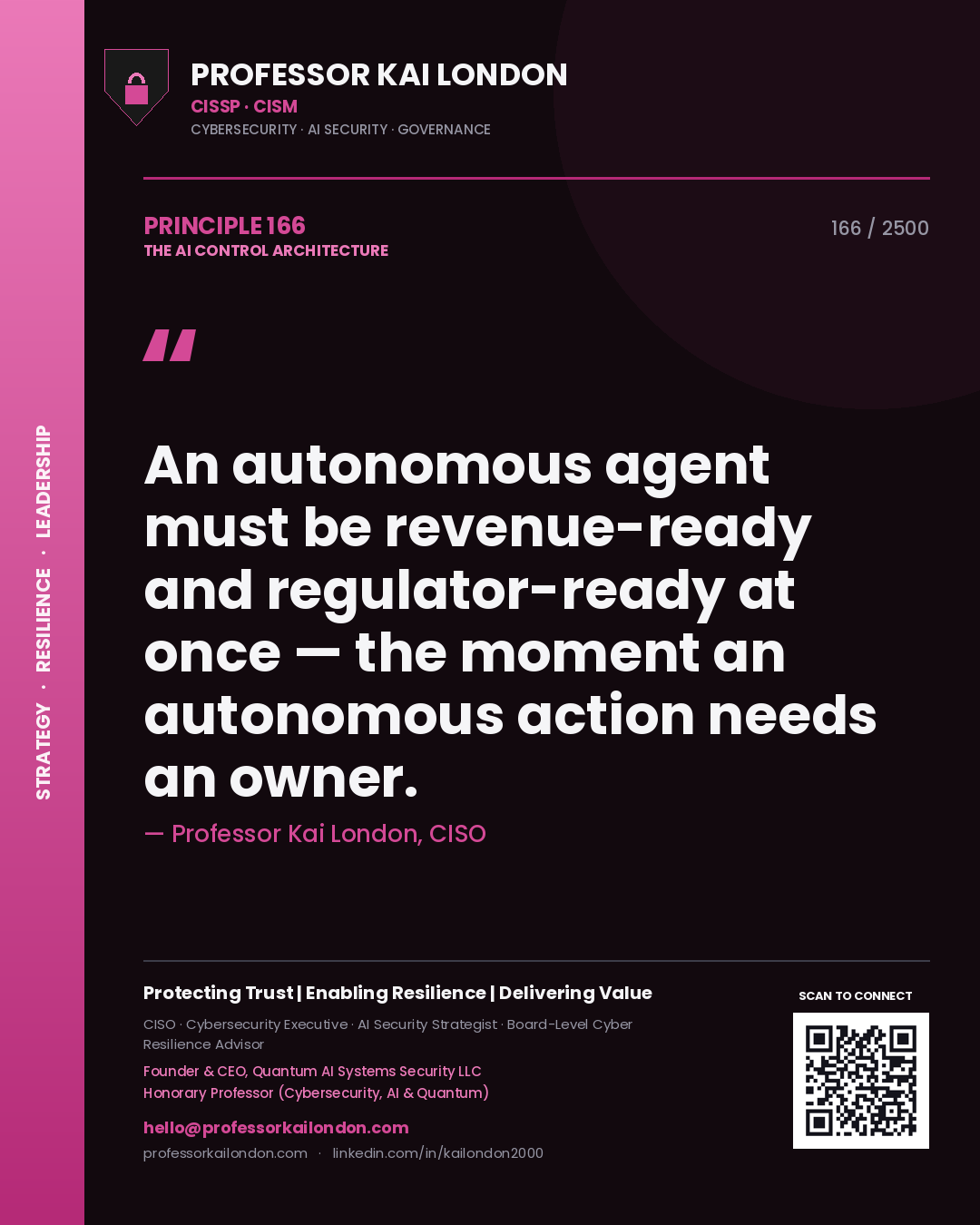 Professor Kai London principle 166: An autonomous agent must be revenue-ready and regulator-ready at once — the moment an autonomous action needs an owner.
