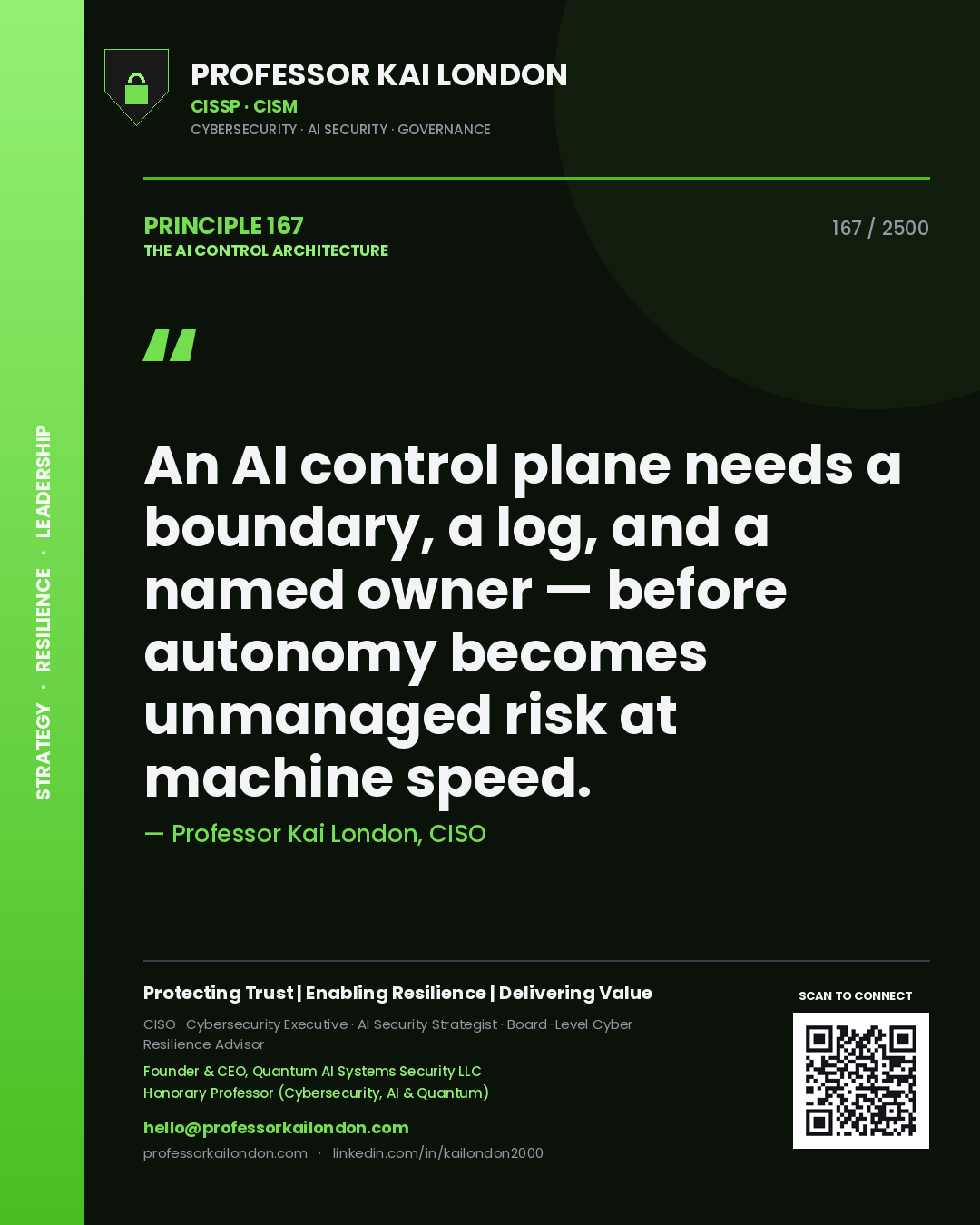 Quote card by Professor Kai London reading 'An AI control plane needs a boundary, a log, and a named owner — before autonomy becomes unmanaged risk at machine speed.'. From the book The AI Control Architecture.
