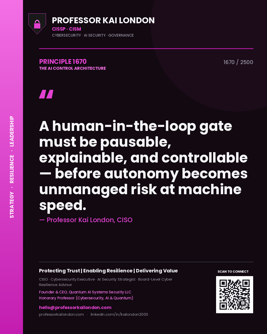 Quote card by Professor Kai London reading 'A human-in-the-loop gate must be pausable, explainable, and controllable — before autonomy becomes unmanaged risk at machine speed.'. From the book The AI Control Architecture.
