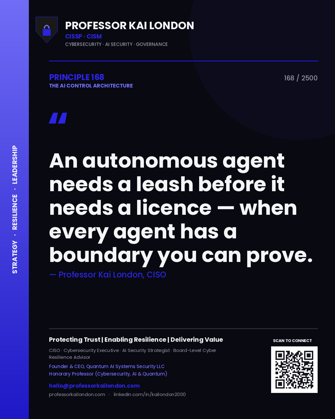 Quote card by Professor Kai London reading 'An autonomous agent needs a leash before it needs a licence — when every agent has a boundary you can prove.'. From the book The AI Control Architecture.