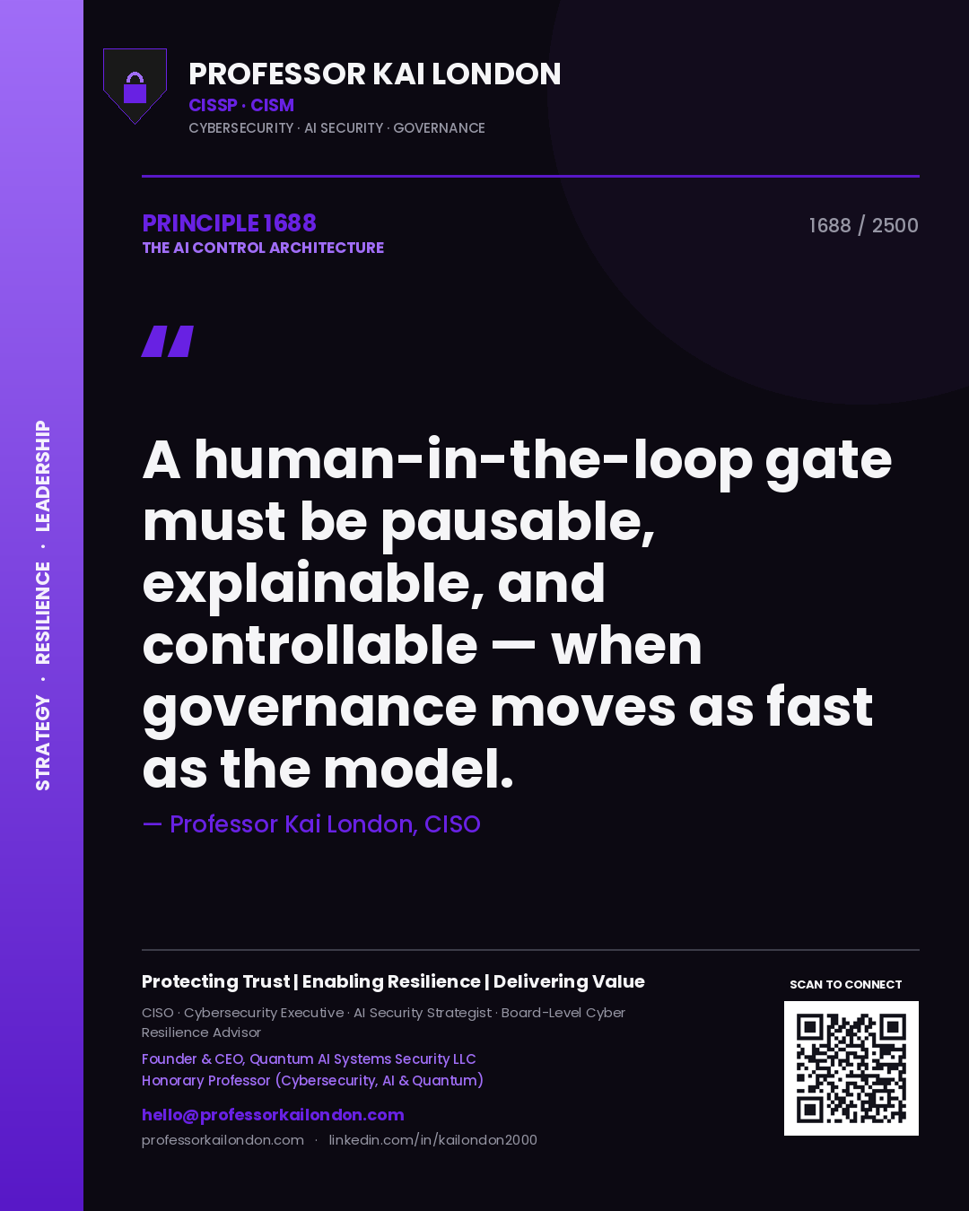Professor Kai London principle 1688: A human-in-the-loop gate must be pausable, explainable, and controllable — when governance moves as fast as the model.