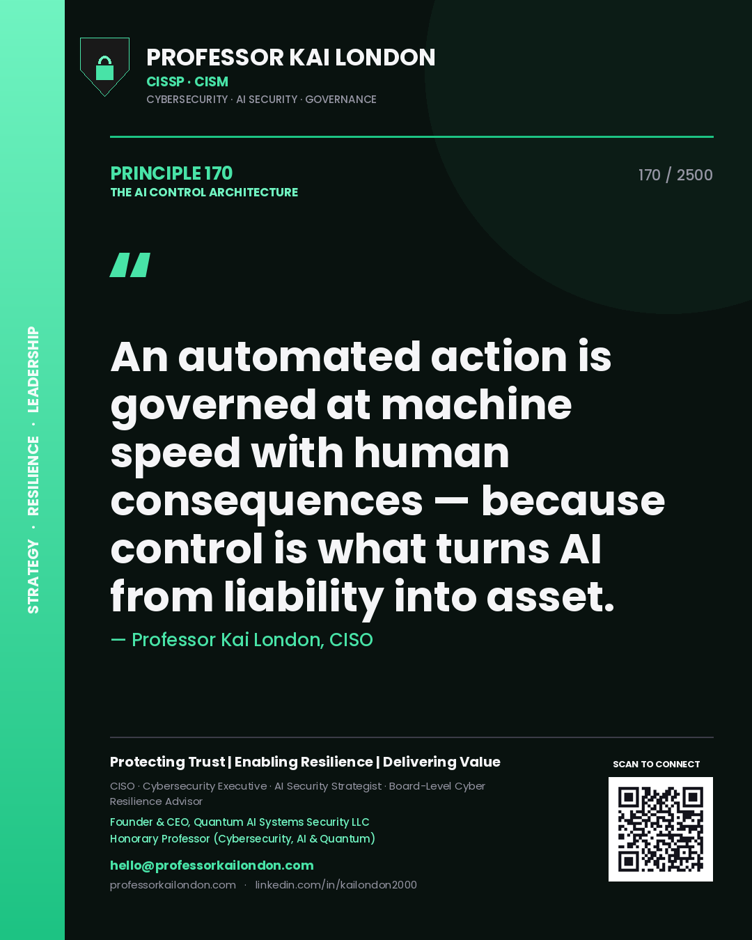 Quote card by Professor Kai London reading 'An automated action is governed at machine speed with human consequences — because control is what turns AI from liability into asset.'. From the book The AI Control Architecture.