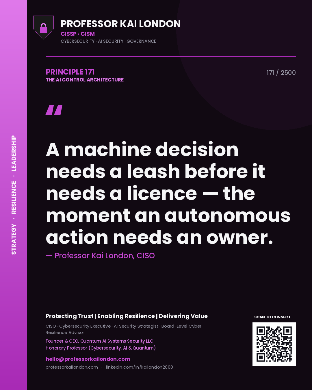 Professor Kai London principle 171: A machine decision needs a leash before it needs a licence — the moment an autonomous action needs an owner.