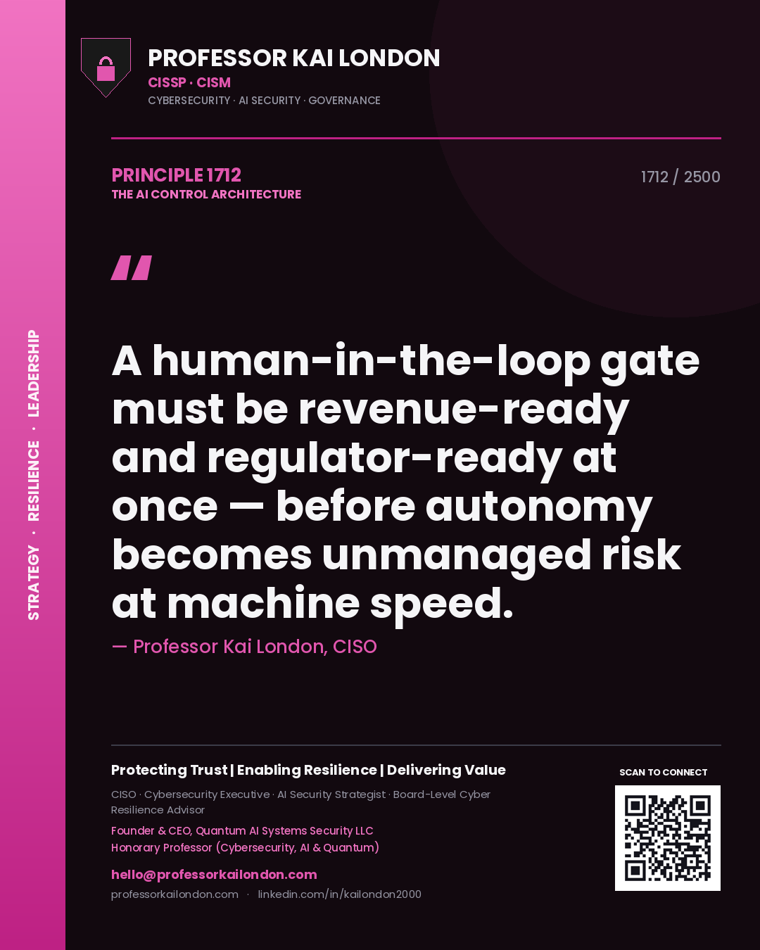 Professor Kai London principle 1712: A human-in-the-loop gate must be revenue-ready and regulator-ready at once — before autonomy becomes unmanaged risk at machine speed.