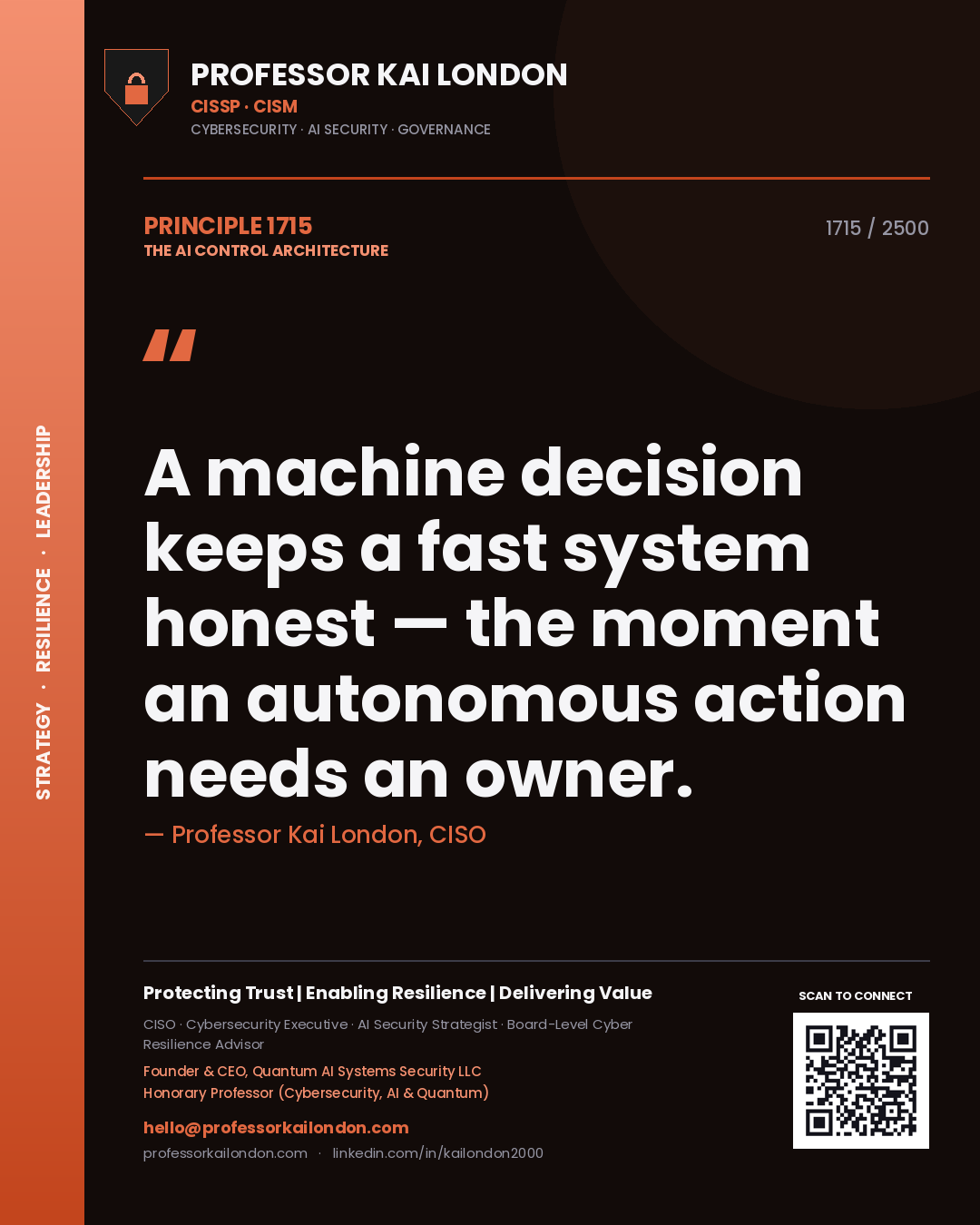 Professor Kai London principle 1715: A machine decision keeps a fast system honest — the moment an autonomous action needs an owner.
