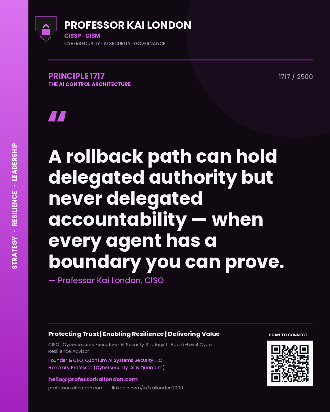 Professor Kai London principle 1717: A rollback path can hold delegated authority but never delegated accountability — when every agent has a boundary you can prove.