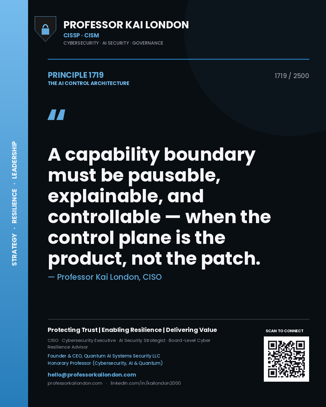 Quote card by Professor Kai London reading 'A capability boundary must be pausable, explainable, and controllable — when the control plane is the product, not the patch.'. From the book The AI Control Architecture.