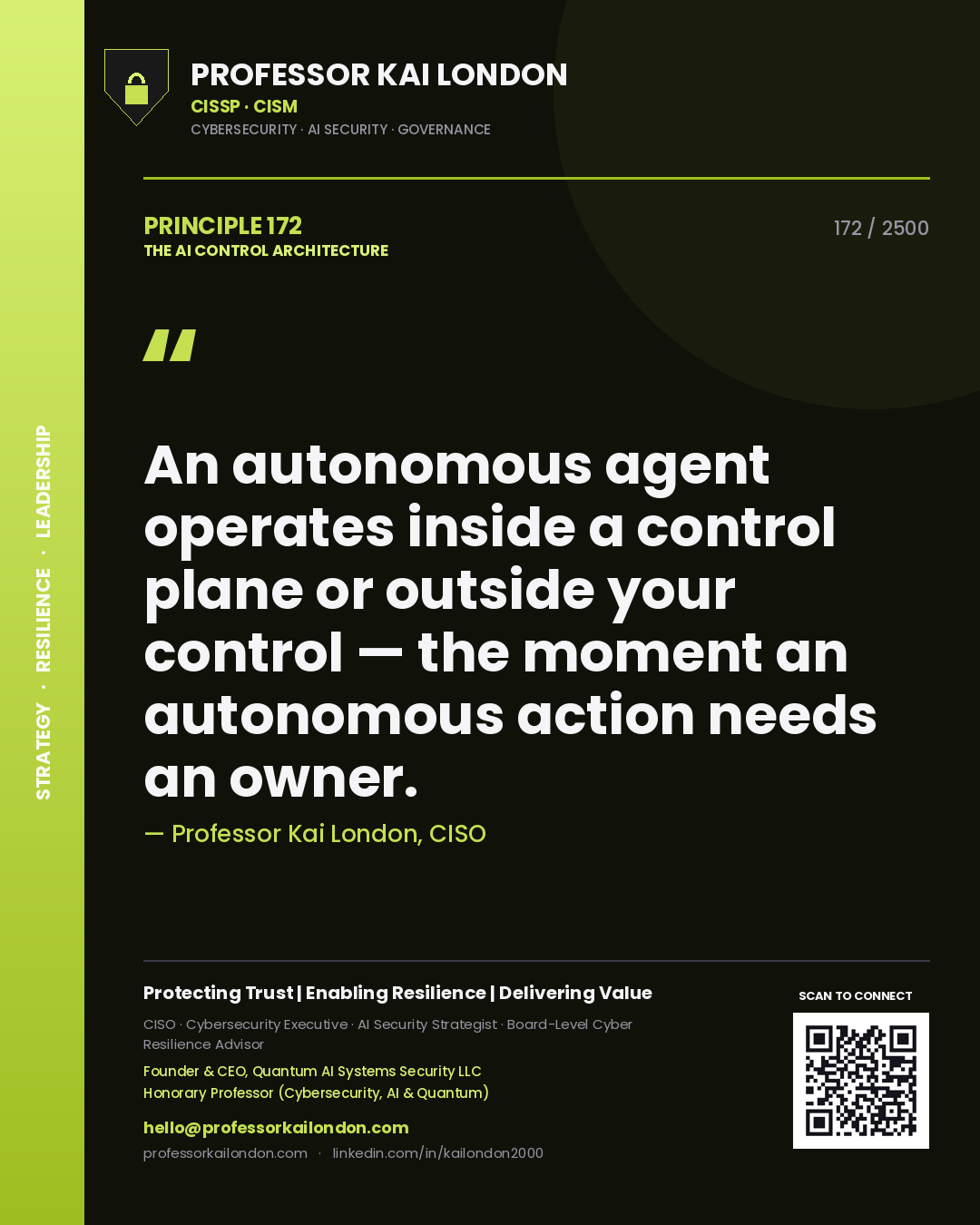 Professor Kai London principle 172: An autonomous agent operates inside a control plane or outside your control — the moment an autonomous action needs an owner.