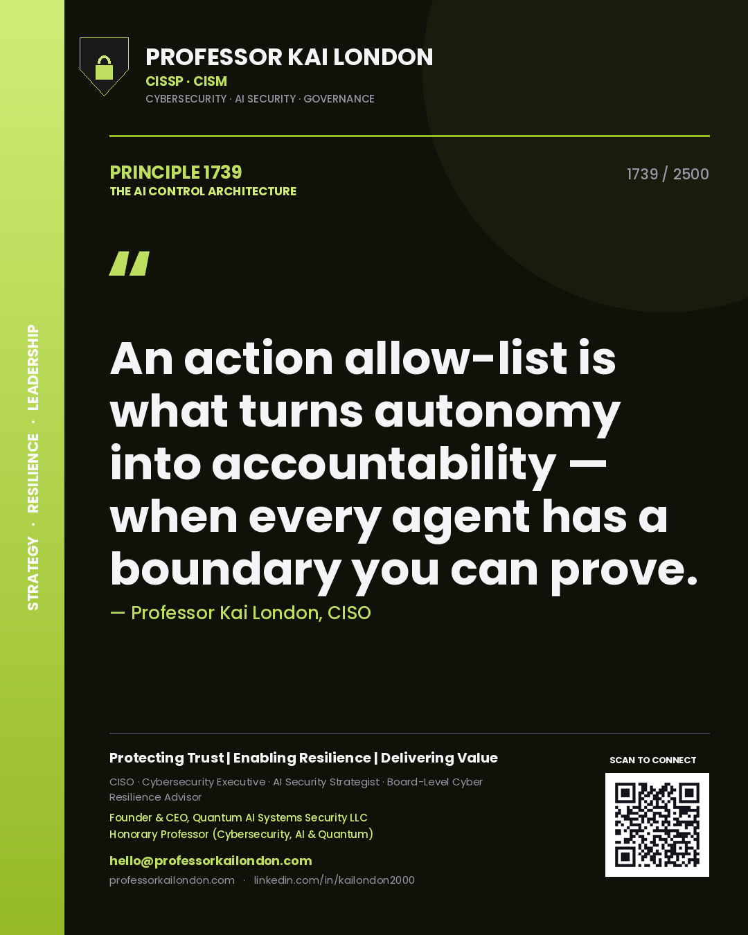 Professor Kai London principle 1739: An action allow-list is what turns autonomy into accountability — when every agent has a boundary you can prove.