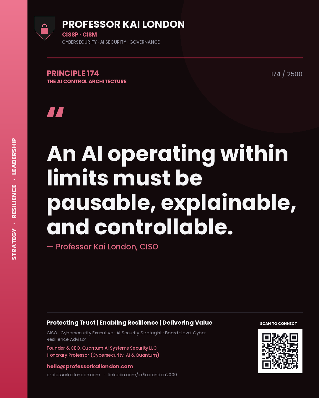 Quote card by Professor Kai London reading 'An AI operating within limits must be pausable, explainable, and controllable.'. From the book The AI Control Architecture.