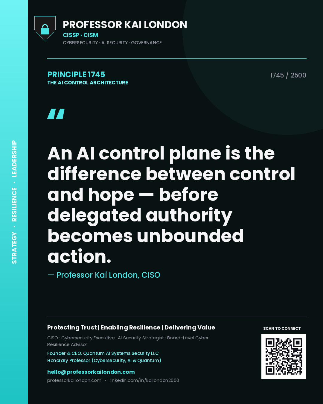 Professor Kai London principle 1745: An AI control plane is the difference between control and hope — before delegated authority becomes unbounded action.