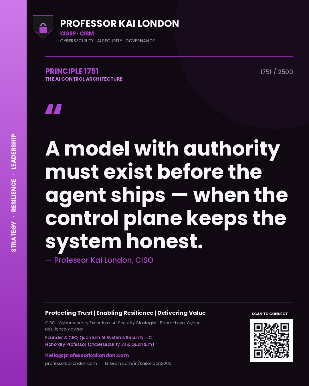 Quote card by Professor Kai London reading 'A model with authority must exist before the agent ships — when the control plane keeps the system honest.'. From the book The AI Control Architecture.