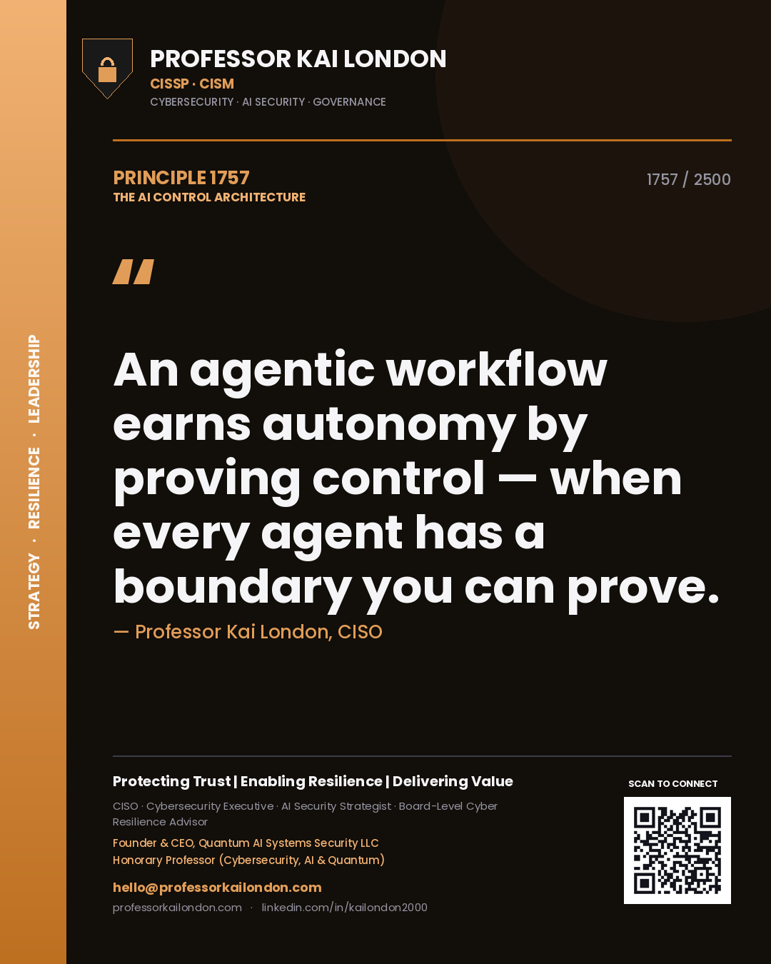 Quote card by Professor Kai London reading 'An agentic workflow earns autonomy by proving control — when every agent has a boundary you can prove.'. From the book The AI Control Architecture.