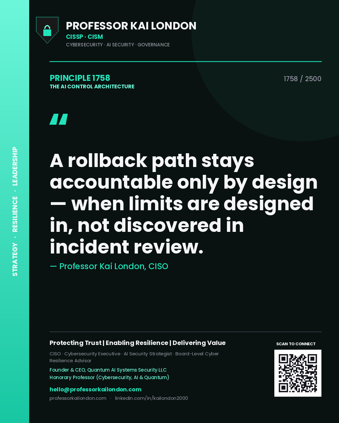 Quote card by Professor Kai London reading 'A rollback path stays accountable only by design — when limits are designed in, not discovered in incident review.'. From the book The AI Control Architecture.