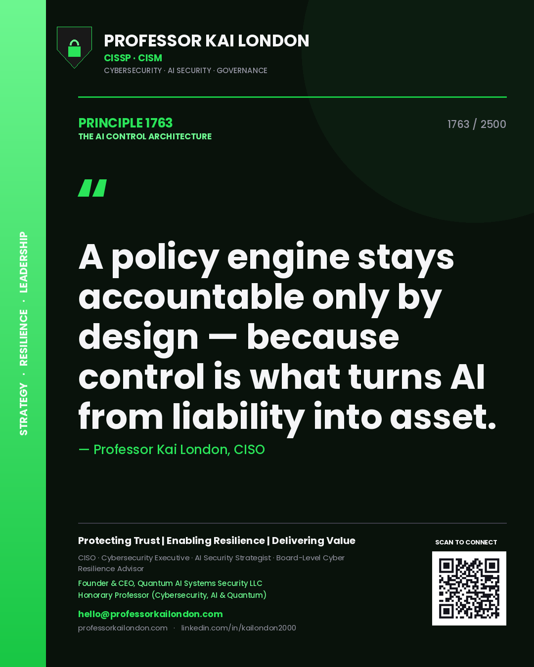 Quote card by Professor Kai London reading 'A policy engine stays accountable only by design — because control is what turns AI from liability into asset.'. From the book The AI Control Architecture.