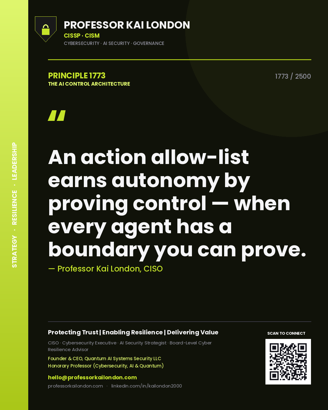 Professor Kai London principle 1773: An action allow-list earns autonomy by proving control — when every agent has a boundary you can prove.