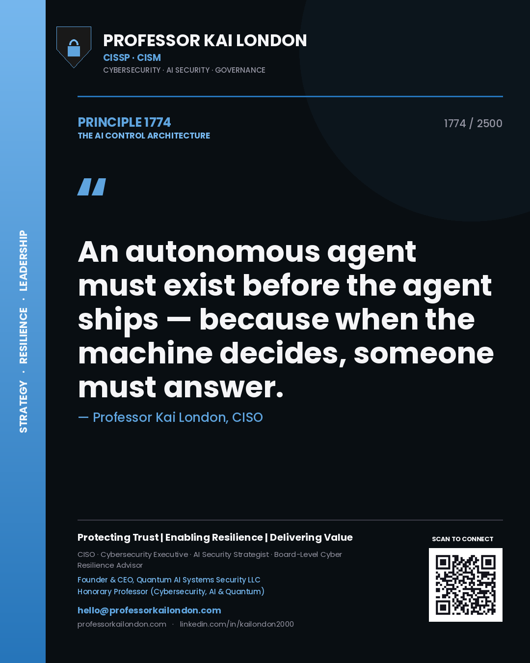 Quote card by Professor Kai London reading 'An autonomous agent must exist before the agent ships — because when the machine decides, someone must answer.'. From the book The AI Control Architecture.