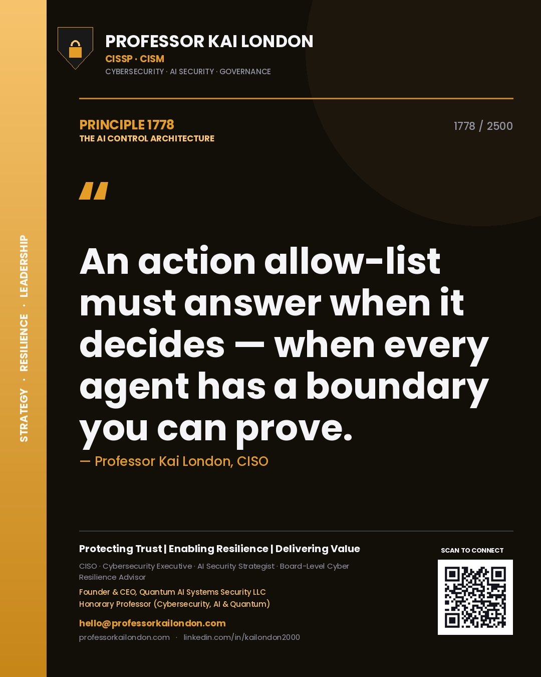 Quote card by Professor Kai London reading 'An action allow-list must answer when it decides — when every agent has a boundary you can prove.'. From the book The AI Control Architecture.