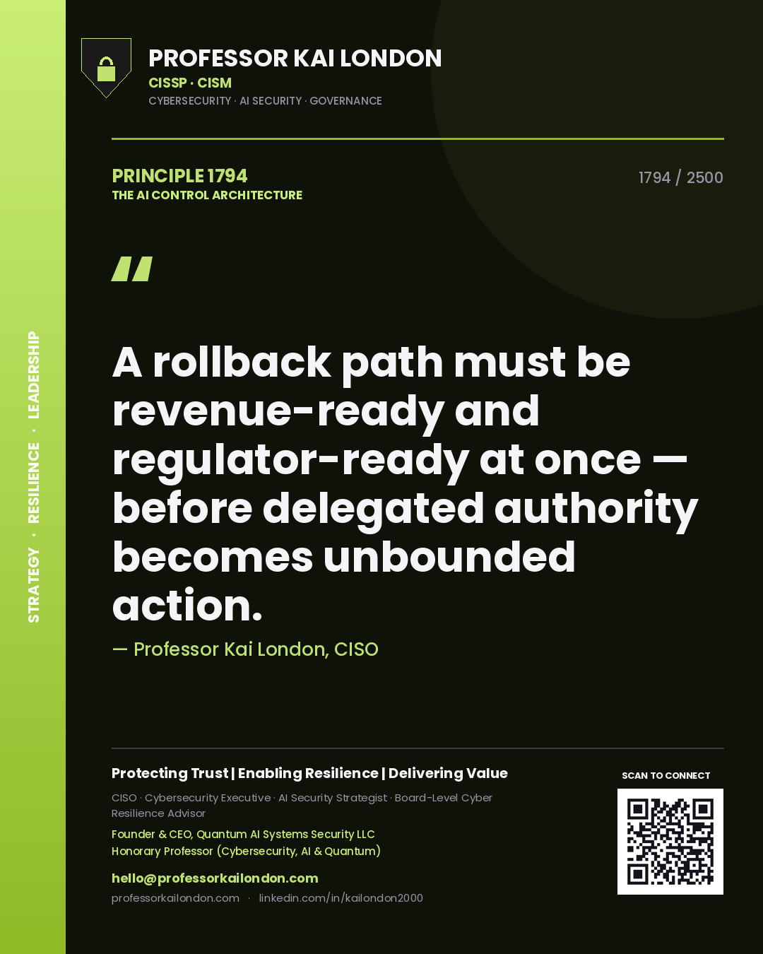 Professor Kai London principle 1794: A rollback path must be revenue-ready and regulator-ready at once — before delegated authority becomes unbounded action.