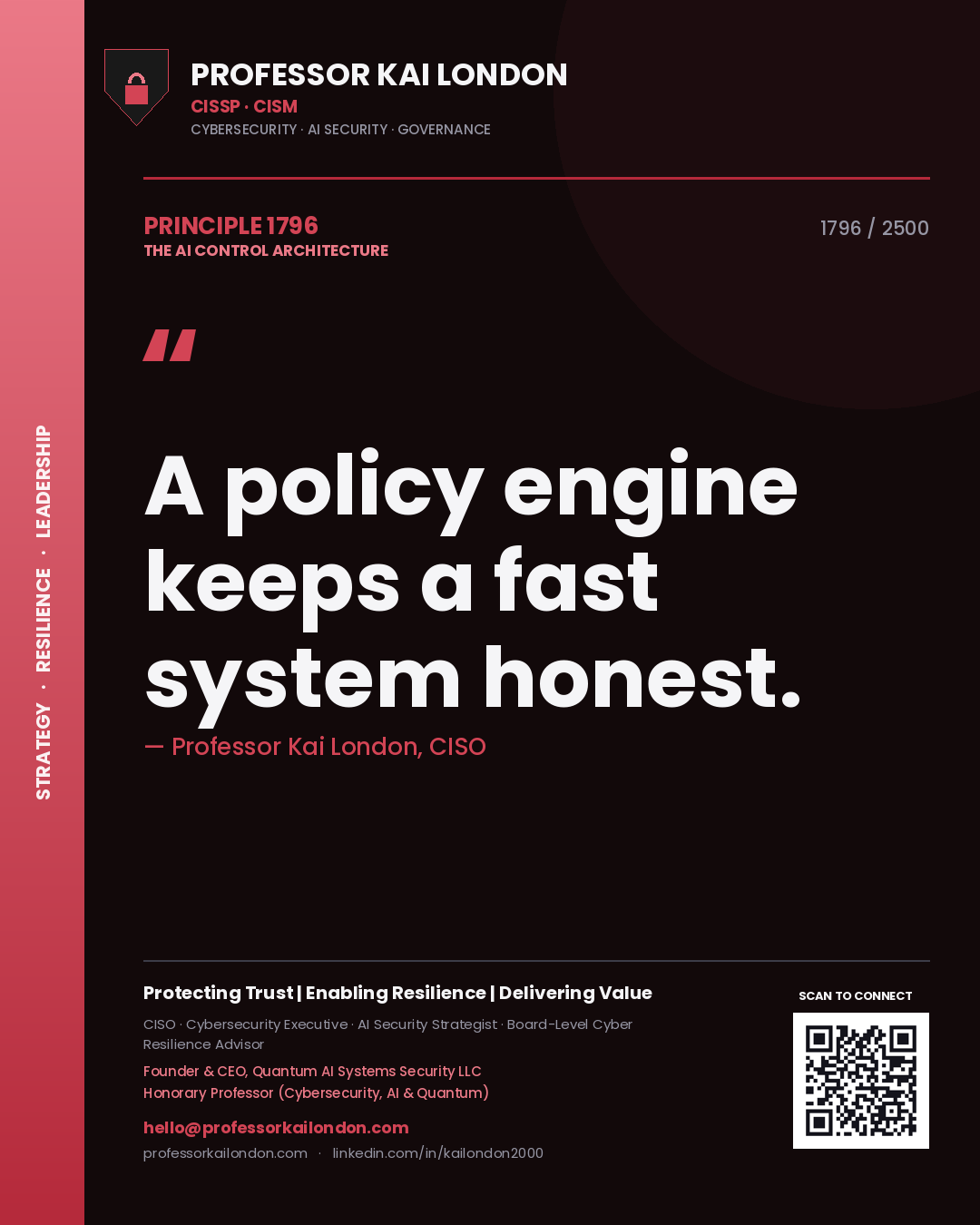 Quote card by Professor Kai London reading 'A policy engine keeps a fast system honest.'. From the book The AI Control Architecture.