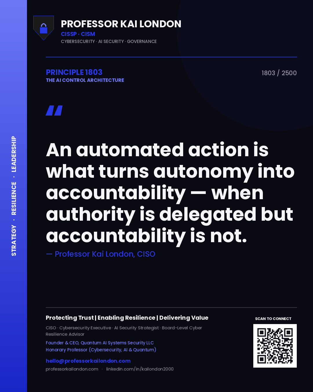 Quote card by Professor Kai London reading 'An automated action is what turns autonomy into accountability — when authority is delegated but accountability is not.'. From the book The AI Control Architecture.