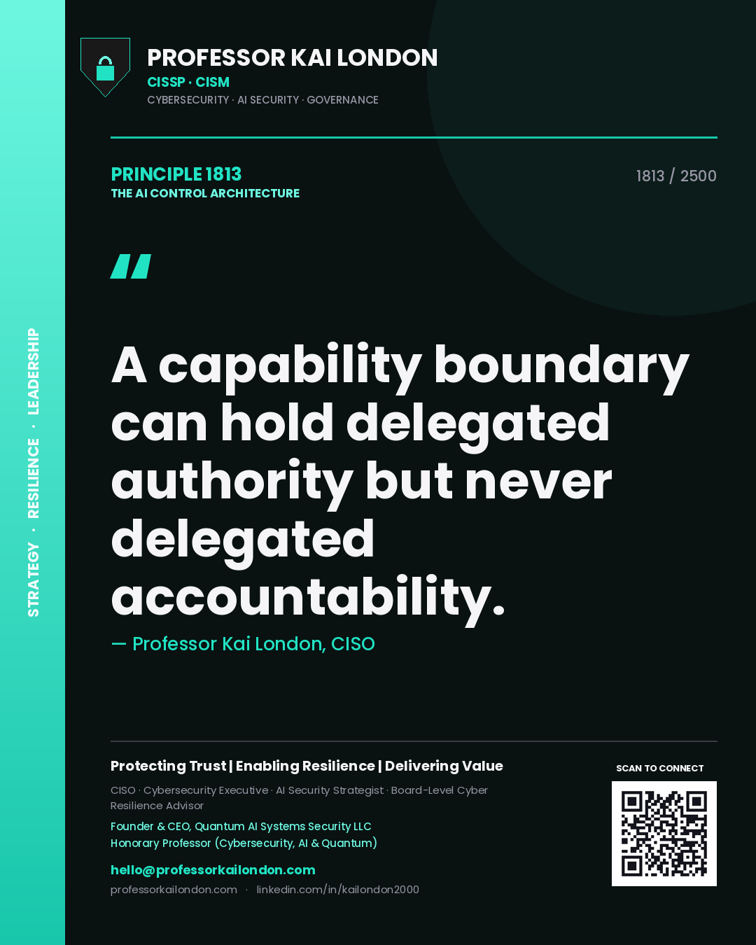 Quote card by Professor Kai London reading 'A capability boundary can hold delegated authority but never delegated accountability.'. From the book The AI Control Architecture.