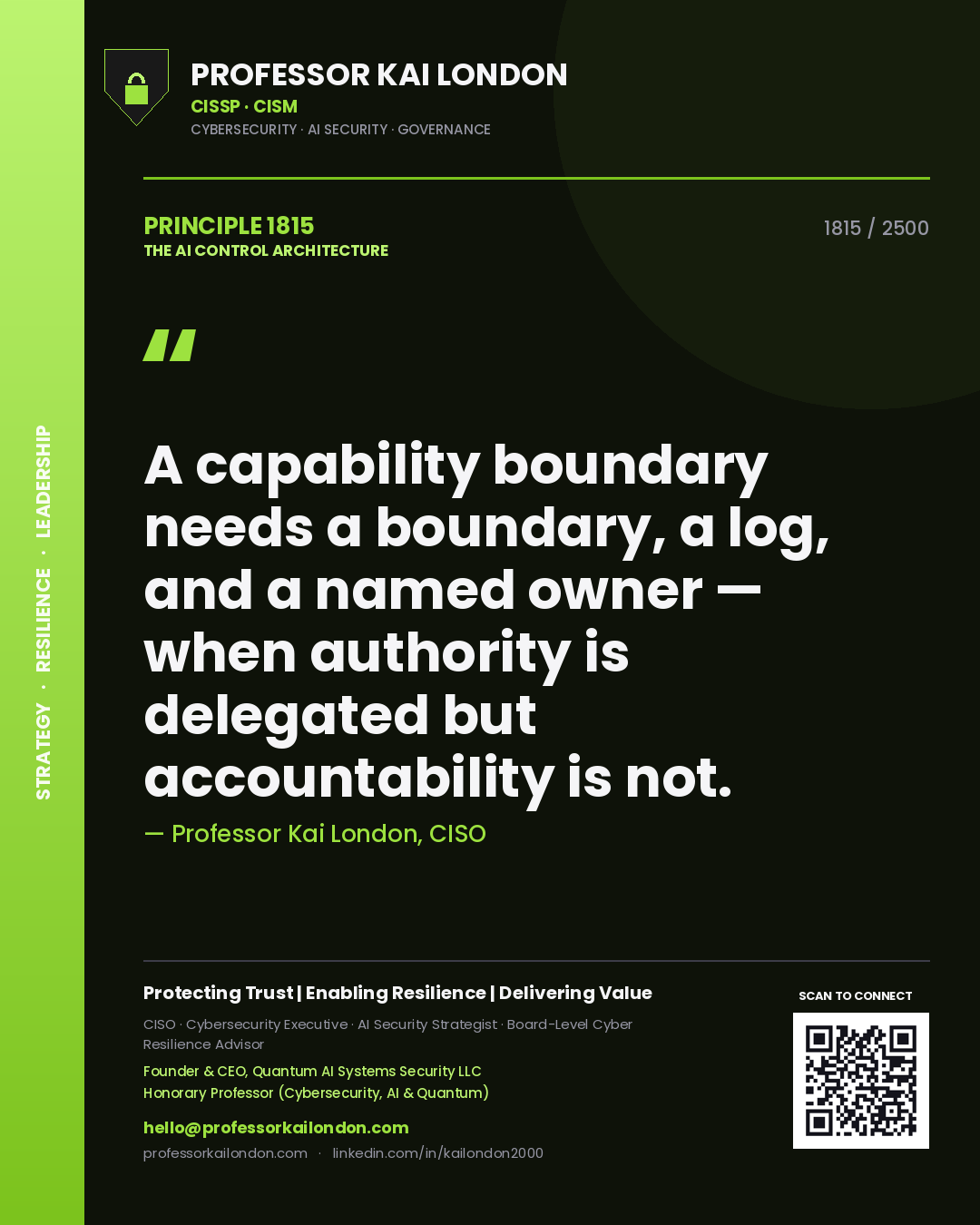 Quote card by Professor Kai London reading 'A capability boundary needs a boundary, a log, and a named owner — when authority is delegated but accountability is not.'. From the book The AI Control Architecture.