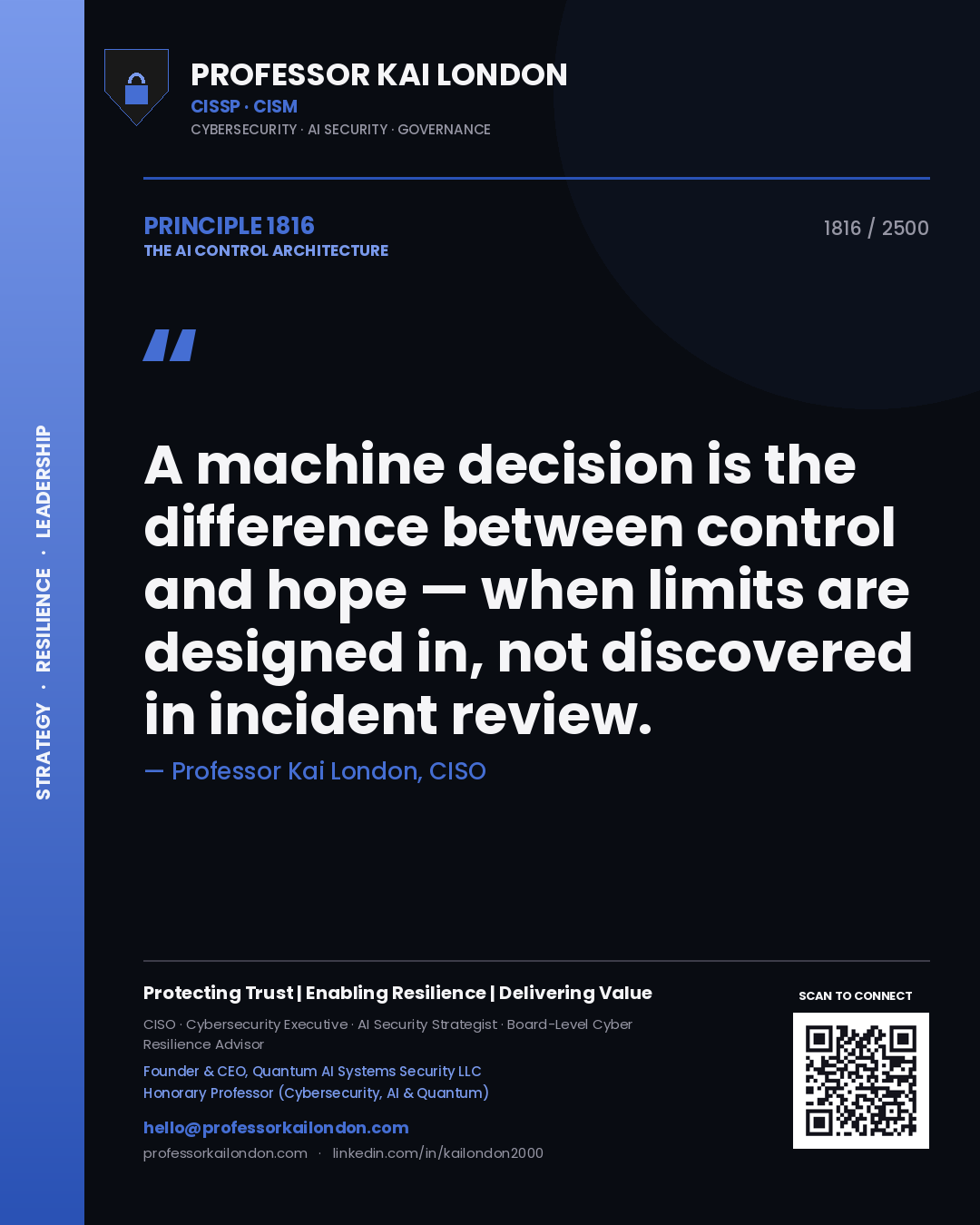 Professor Kai London principle 1816: A machine decision is the difference between control and hope — when limits are designed in, not discovered in incident review.