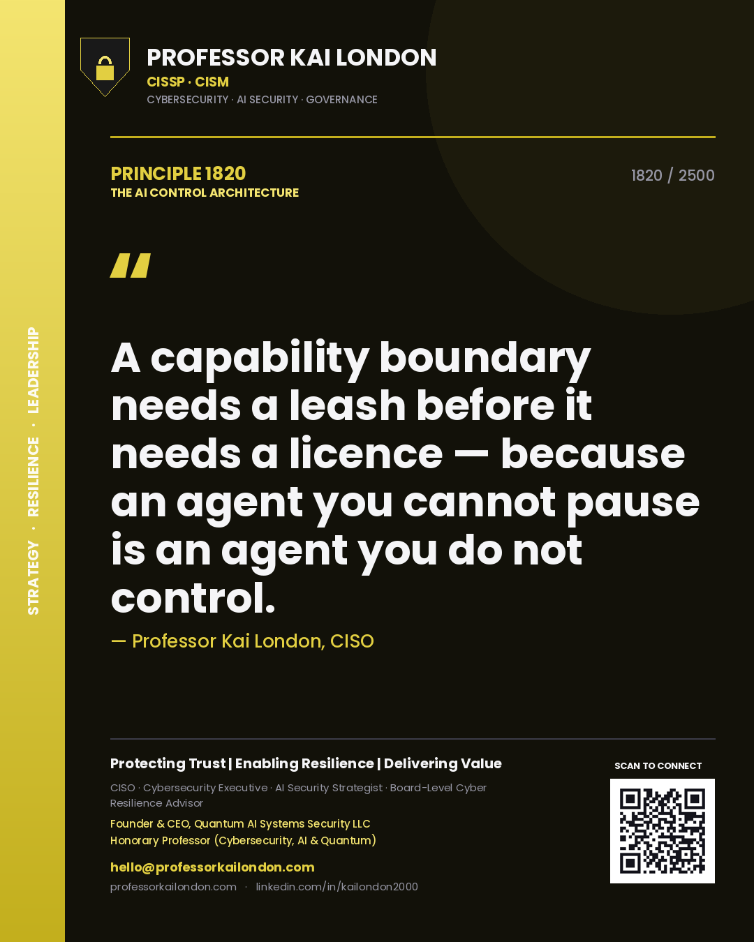 Quote card by Professor Kai London reading 'A capability boundary needs a leash before it needs a licence — because an agent you cannot pause is an agent you do not control.'. From the book The AI Control Architecture.