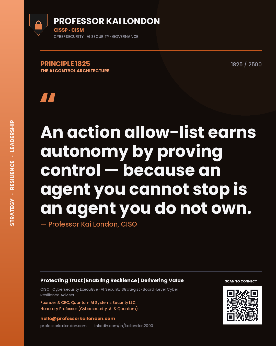 Quote card by Professor Kai London reading 'An action allow-list earns autonomy by proving control — because an agent you cannot stop is an agent you do not own.'. From the book The AI Control Architecture.