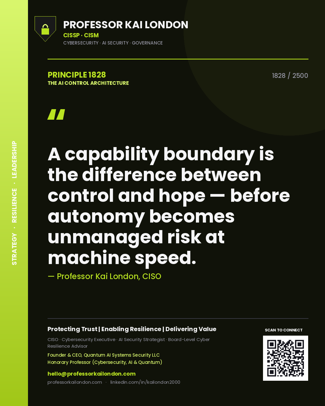 Quote card by Professor Kai London reading 'A capability boundary is the difference between control and hope — before autonomy becomes unmanaged risk at machine speed.'. From the book The AI Control Architecture.
