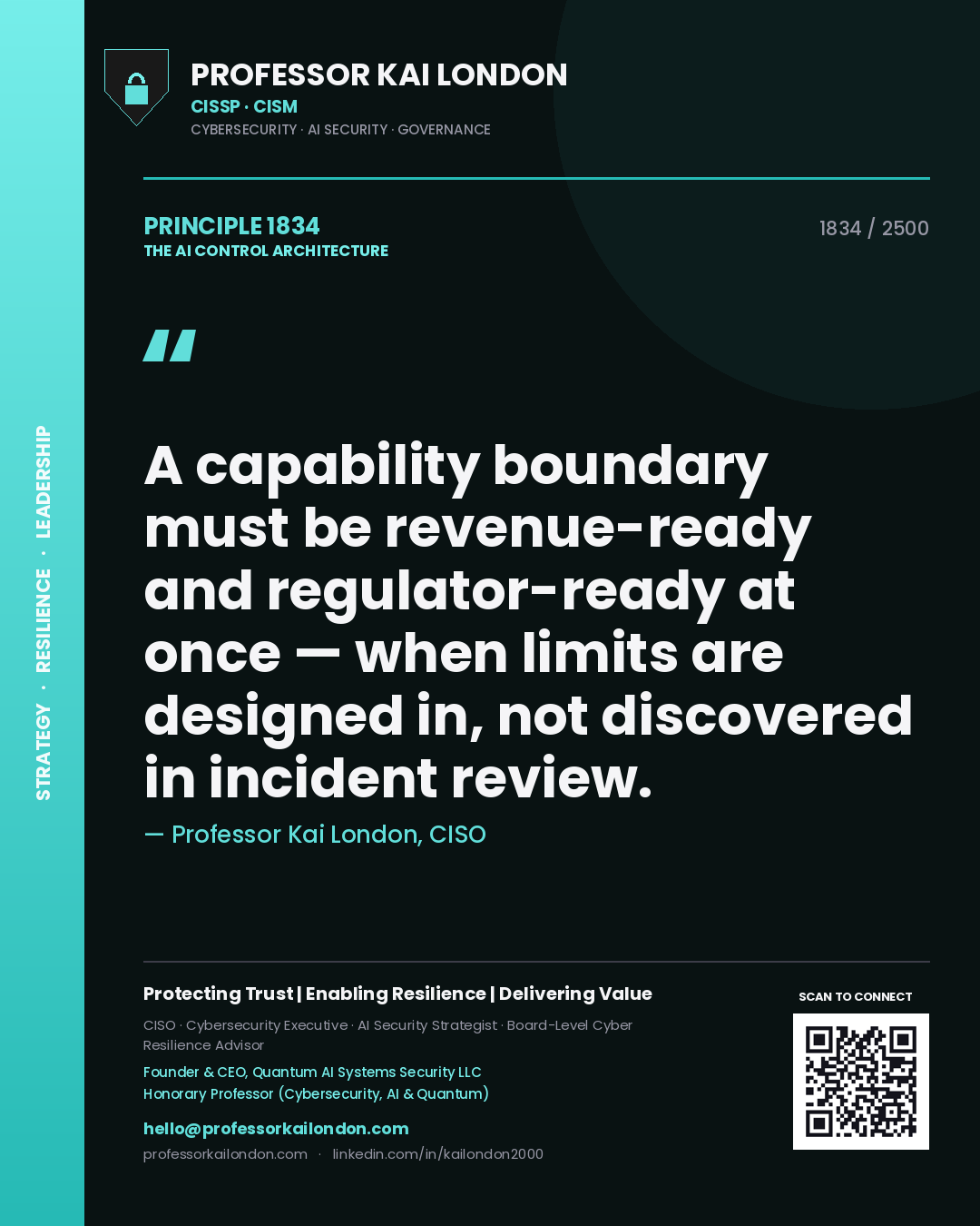 Quote card by Professor Kai London reading 'A capability boundary must be revenue-ready and regulator-ready at once — when limits are designed in, not discovered in incident review.'. From the book The AI Control Architecture.