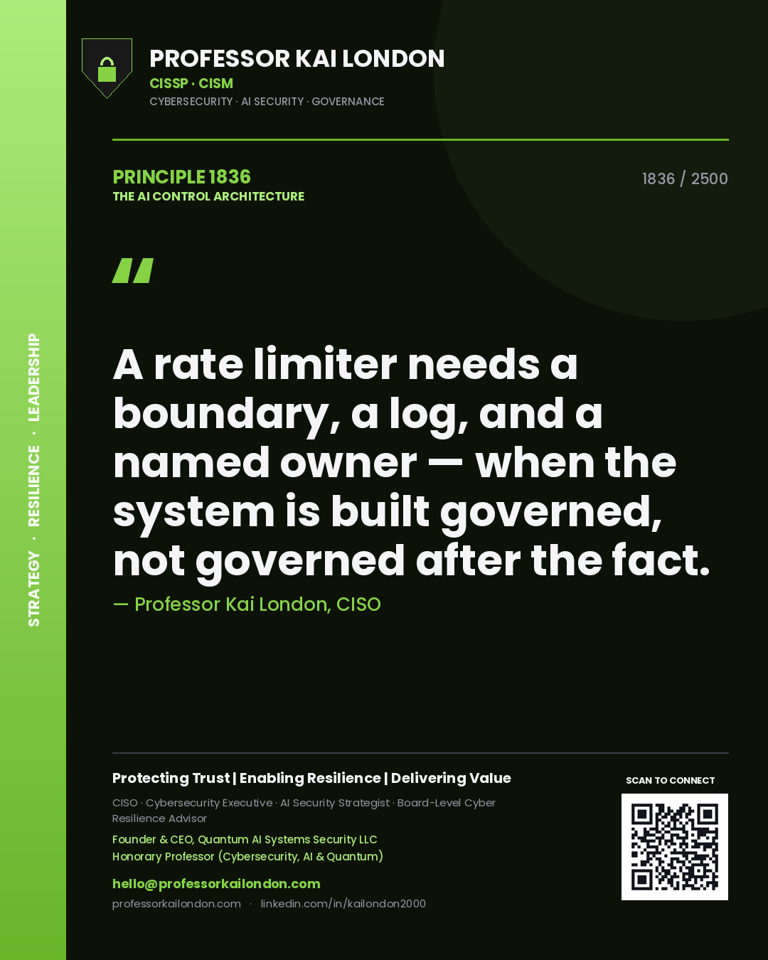 Quote card by Professor Kai London reading 'A rate limiter needs a boundary, a log, and a named owner — when the system is built governed, not governed after the fact.'. From the book The AI Control Architecture.