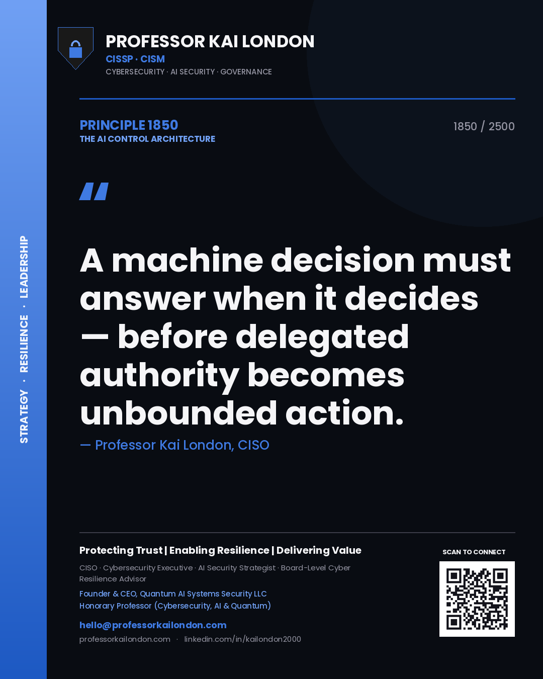 Quote card by Professor Kai London reading 'A machine decision must answer when it decides — before delegated authority becomes unbounded action.'. From the book The AI Control Architecture.
