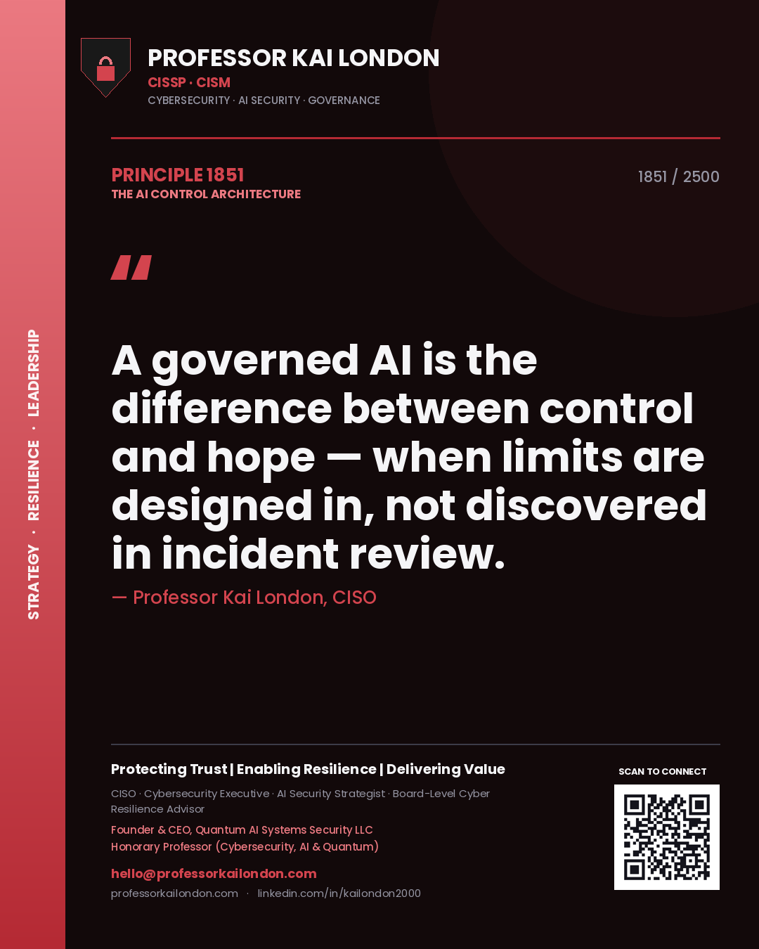 Professor Kai London principle 1851: A governed AI is the difference between control and hope — when limits are designed in, not discovered in incident review.